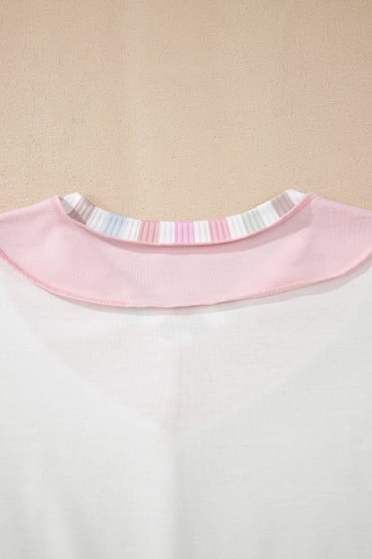 White Exposed Seam Rainbow Stripe Color Block V Neck Loose Long Sleeve Top