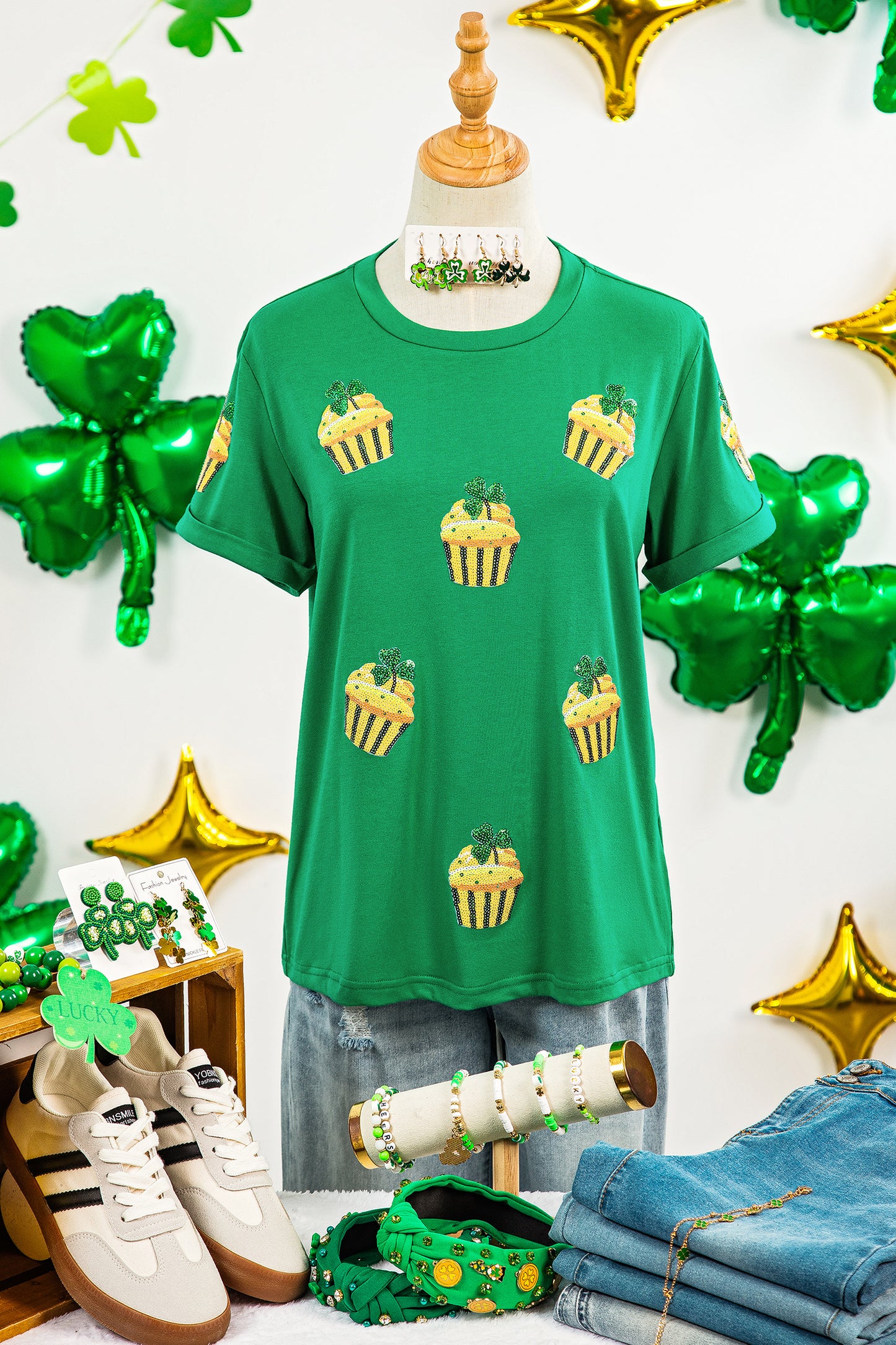 Bright Green St Patricks Day Sequin Cupcake Graphic T Shirt