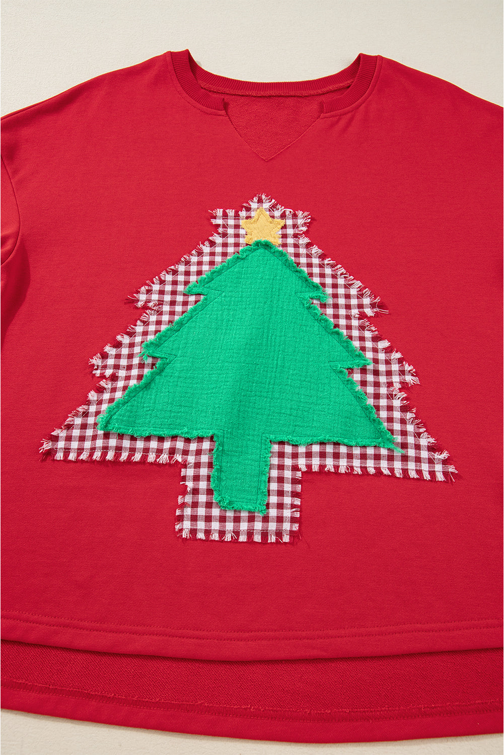 Fiery Red Plaid Frayed Double Christmas Tree Patched Drop Shoulder Sweatshirt