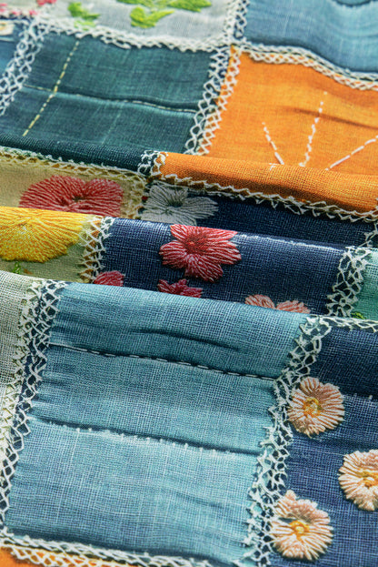 Sky Blue Mix Floral Checkered Pattern Bubble Sleeve Ruffle Hem Dress