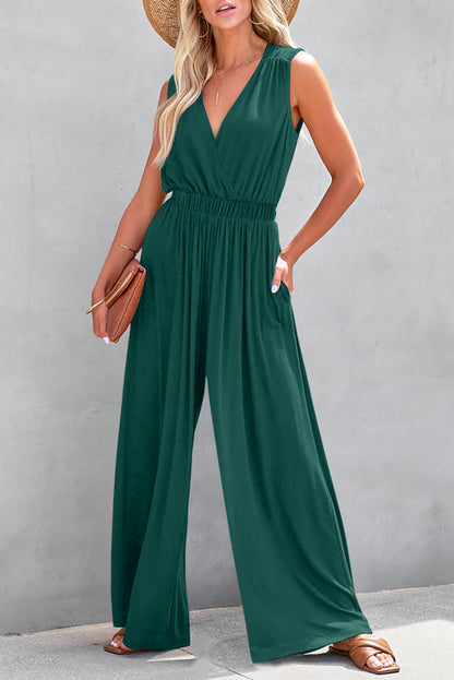 Blackish Green Deep V Pleated Crisscross Wide Leg Backless Jumpsuit
