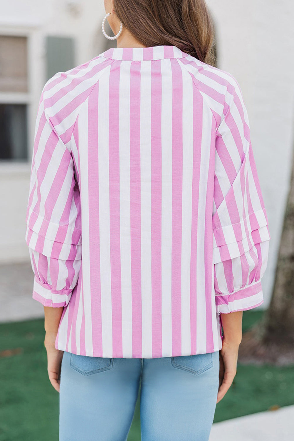 Rose Stripe Split Neck Button Decor Front Puff Sleeve Blouse