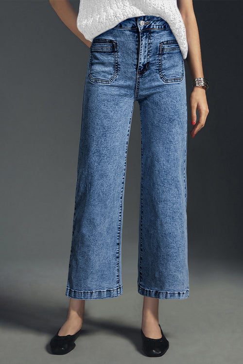 Sky Blue Chic Patch Pocket Straight Leg Loose Jeans