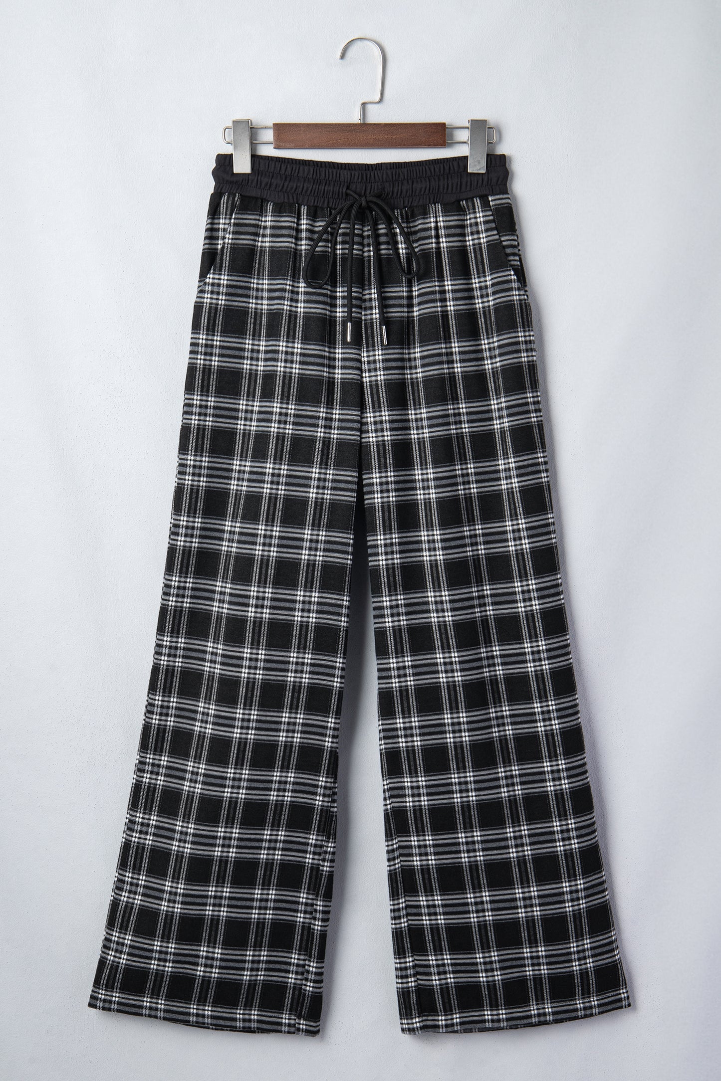 Black Frenchy Plaid Pattern Contrast Drawstring Waist Wide Leg Pants