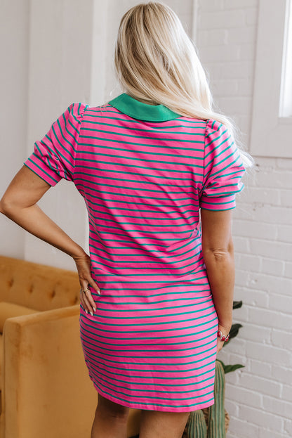 Pink Stripe Collared V Neck Puff Sleeve T Shirt Dress