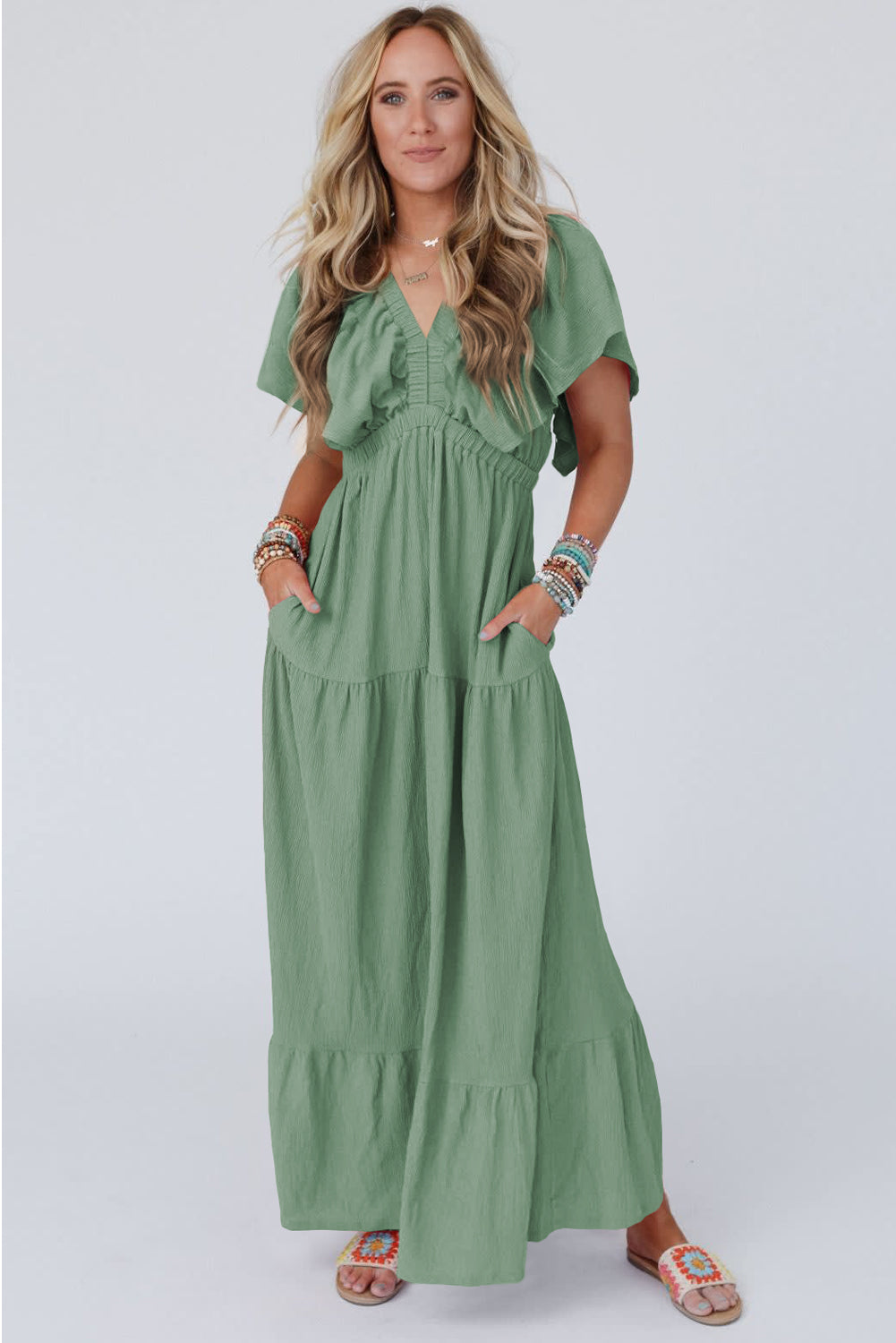 Grass Green Textured V Neck Flutter Sleeve Ruffled Maxi Dress