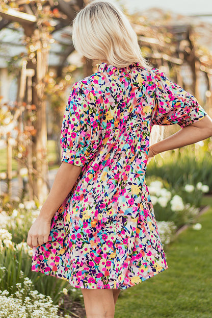Pink Floral Puff Short Sleeve V Neck Mini Dress