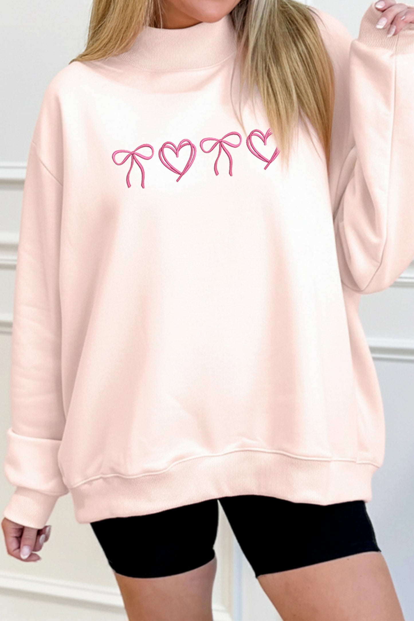 Apricot Pink Valentines Bow Heart Embroidered Mock Neck Sweatshirt