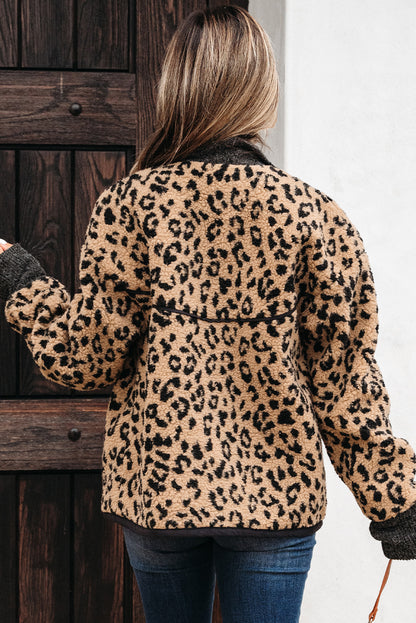Khaki Leopard Print Zip Up Stand Neck Side Pocket Jacket