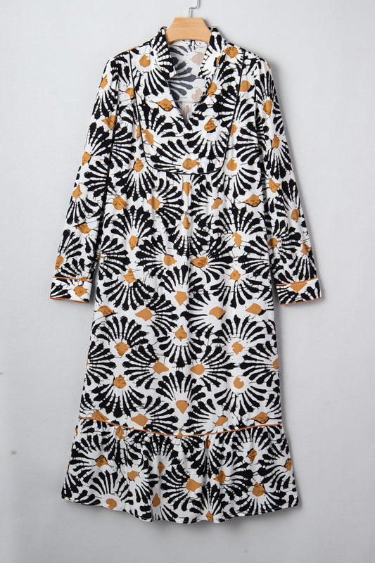 Black Abstract Floral Print Split V Neck Long Dress with Sleeves