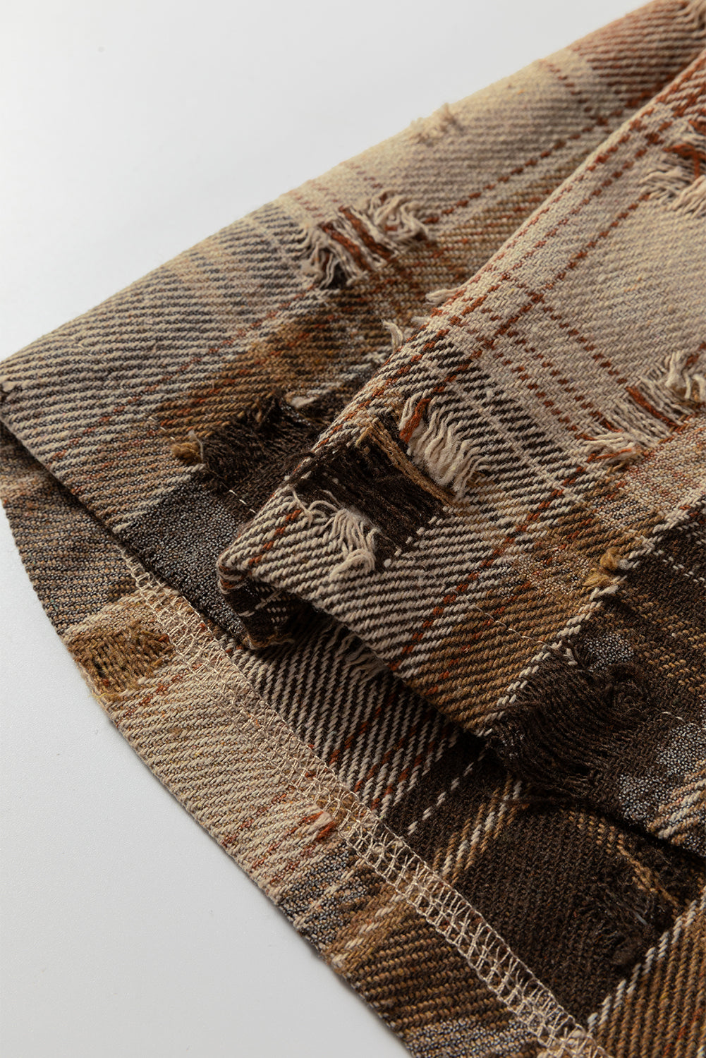 Ashleigh Blue Boho Floral Plaid Patchwork Distressed Detail Ruffled Sleeve Waffle Knit Shacket