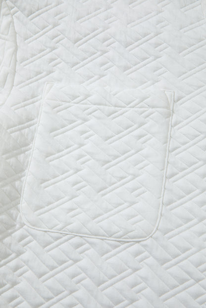 White Textured Pocketed Collared V Neck Pullover Sweatshirt