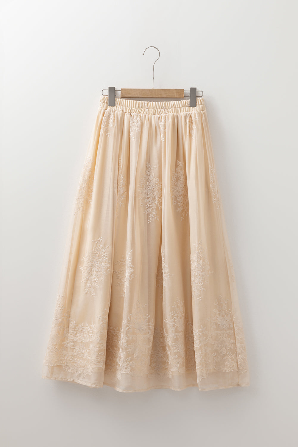 Oatmeal Embroidered Mesh Overlay Flowy Long Skirt