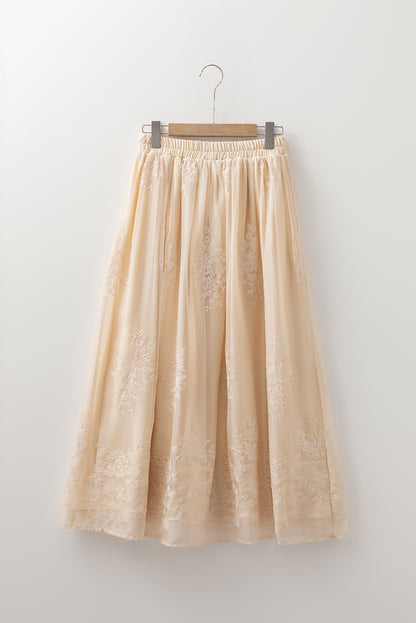 Oatmeal Embroidered Mesh Overlay Flowy Long Skirt