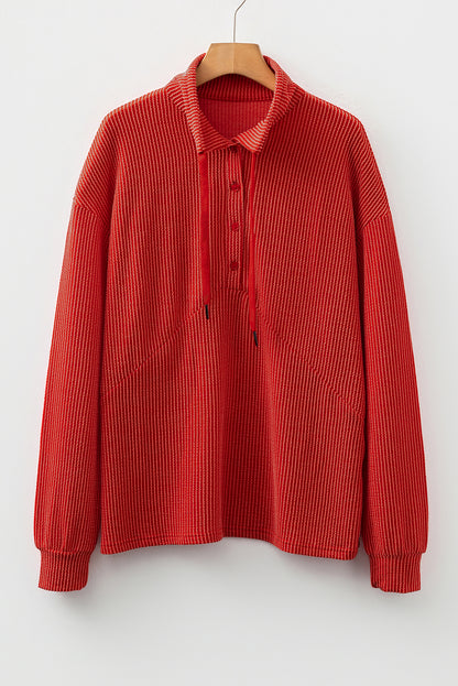 Racing Red Twist Ribbed Half Button Collared Drawstring Pullover Top