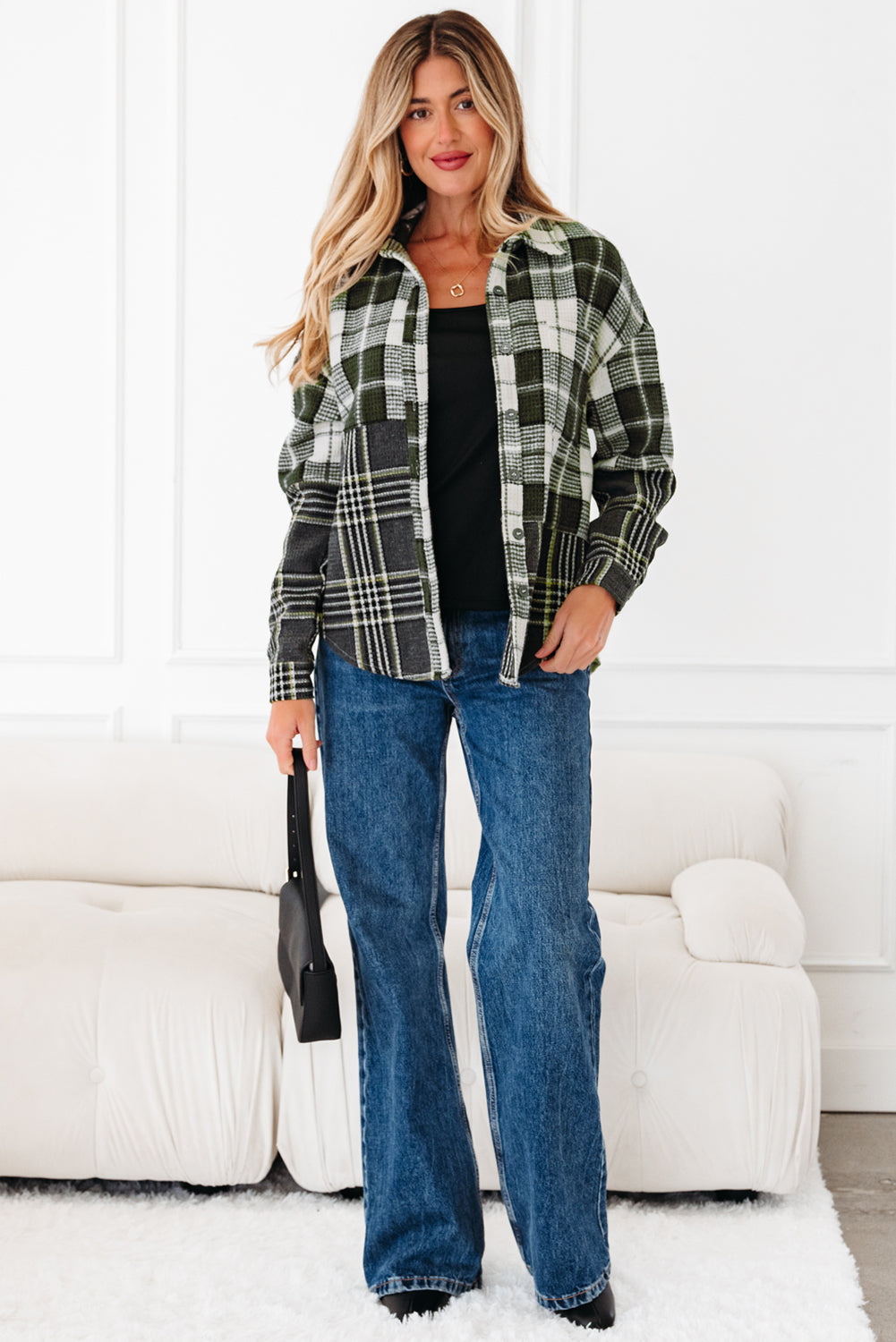 Black Plaid Print Textured Knit Buttoned Shacket