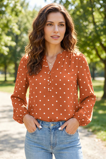 Brown Polka Dot Half Button V Neck Long Sleeve Blouse