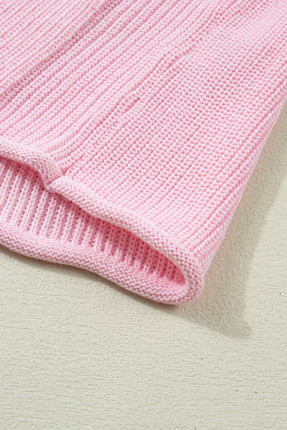 Pink Solid Color Knit V Neck Button Front Sweater Vest