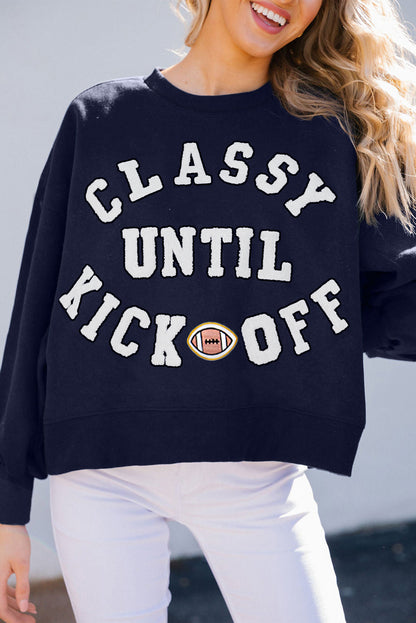 White CLASSY UNTIL KICKOFF Plush Letter Patched Loose Sweatshirt