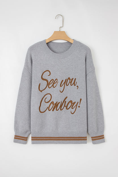 Light Grey See You Cowboy Embroidered Western Graphic Sweater