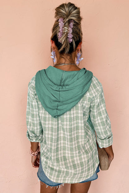 Black Checkered Print Loose Fit Buttoned Hooded Shacket