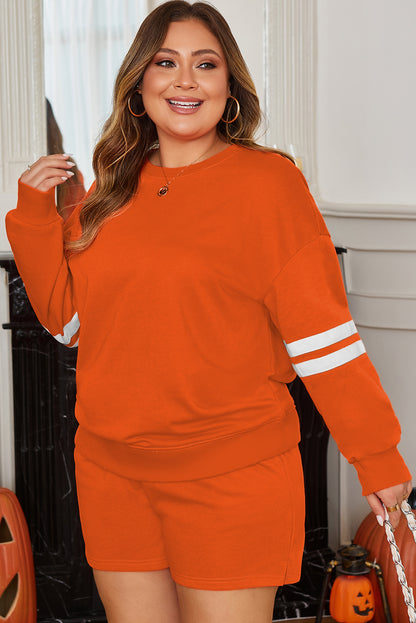 Orange Plus Size Varsity Striped Drop Shoulder Pullover Drawstring Elastic Waistband Short Set