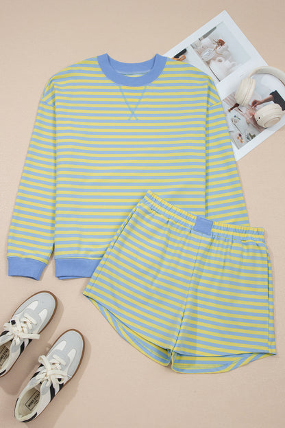 Yellow Stripe Color Block Detail Long Sleeve Pullover Elastic Waist Pull On Shorts 2pcs Set