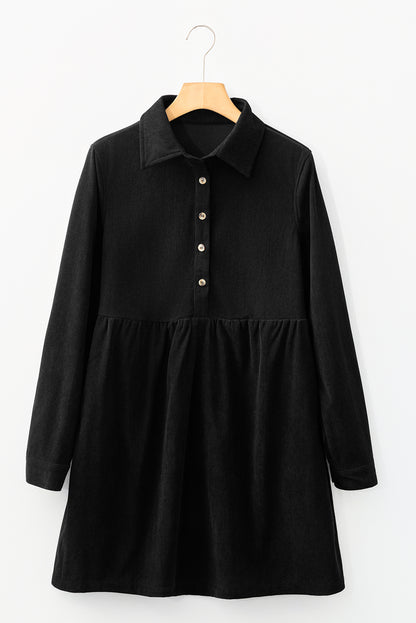 Black Corduroy Half Button Collared Long Sleeve Mini Dress