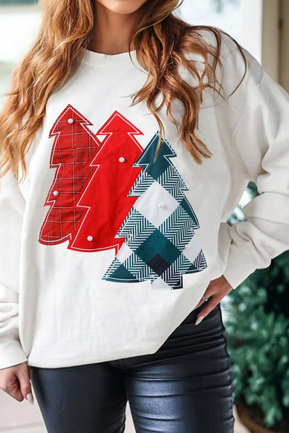 White Pearl Plaid Christmas Tree Patched Drop Shoulder Sweatshirt