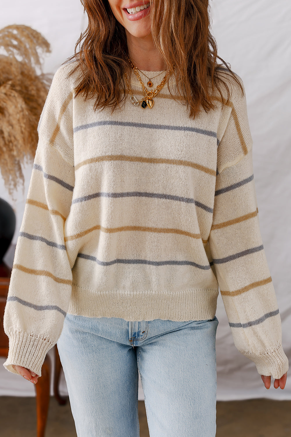 Multicolour Striped Ribbed Edge Drop Shoulder Sweater