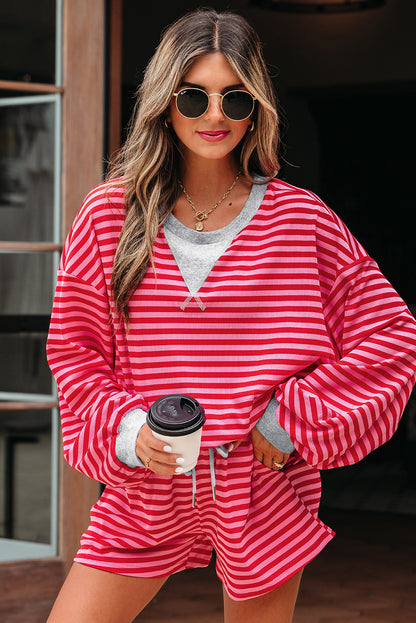 Red Stripe Drop Shoulder Baggy Pullover and Shorts Casual Set