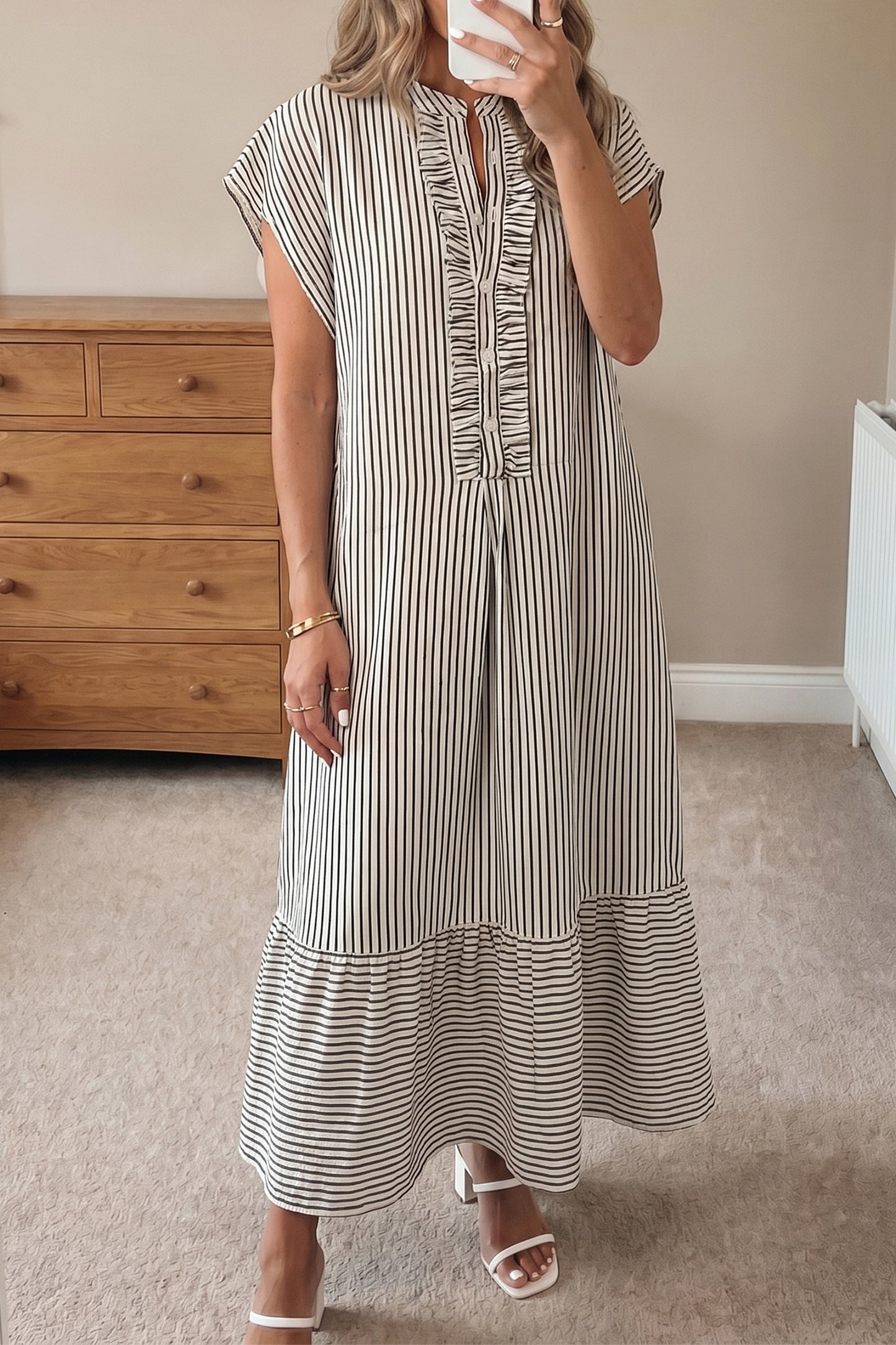 Red Stripe Frilled Detail Half Buttons Short Sleeve Long Dress