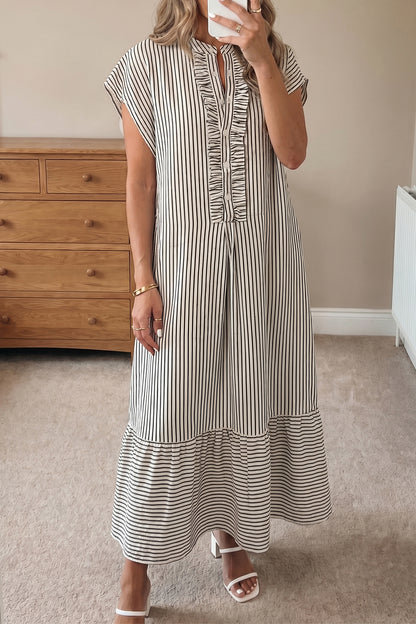 Red Stripe Frilled Detail Half Buttons Short Sleeve Long Dress