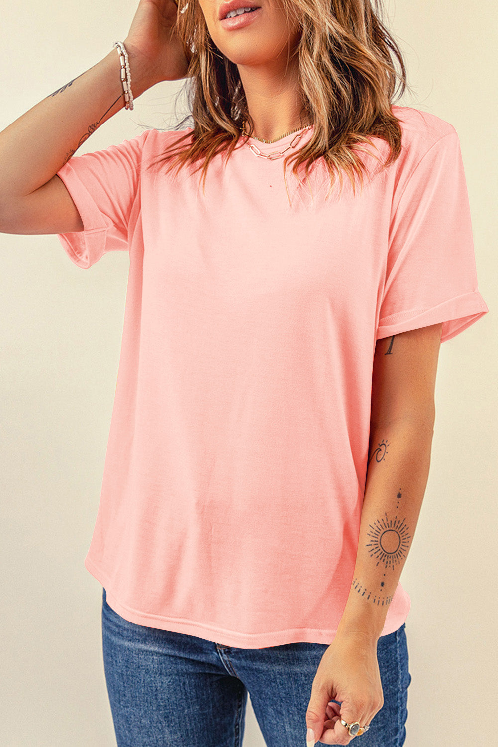 Red Casual Plain Crew Neck Tee