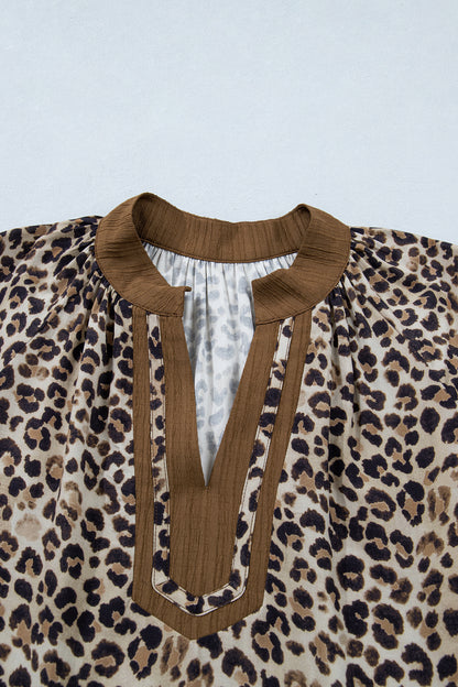 Brown Plus Size Leopard Print Crinkled Colorblock Patchwork V Neck Blouse