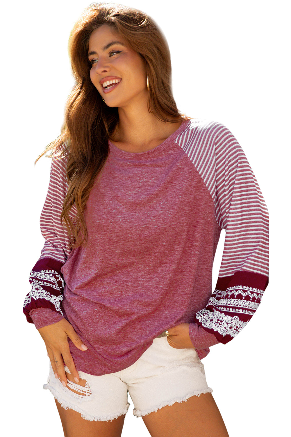 Navy Blue Contrast Print Striped Raglan Long Sleeve Loose Top