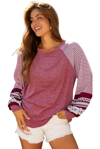 Navy Blue Contrast Print Striped Raglan Long Sleeve Loose Top