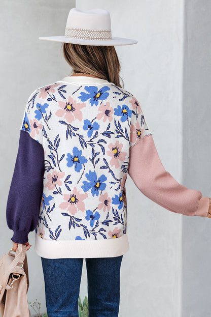 Khaki Floral Panel Colorblock Sleeve Patchwork Sweater