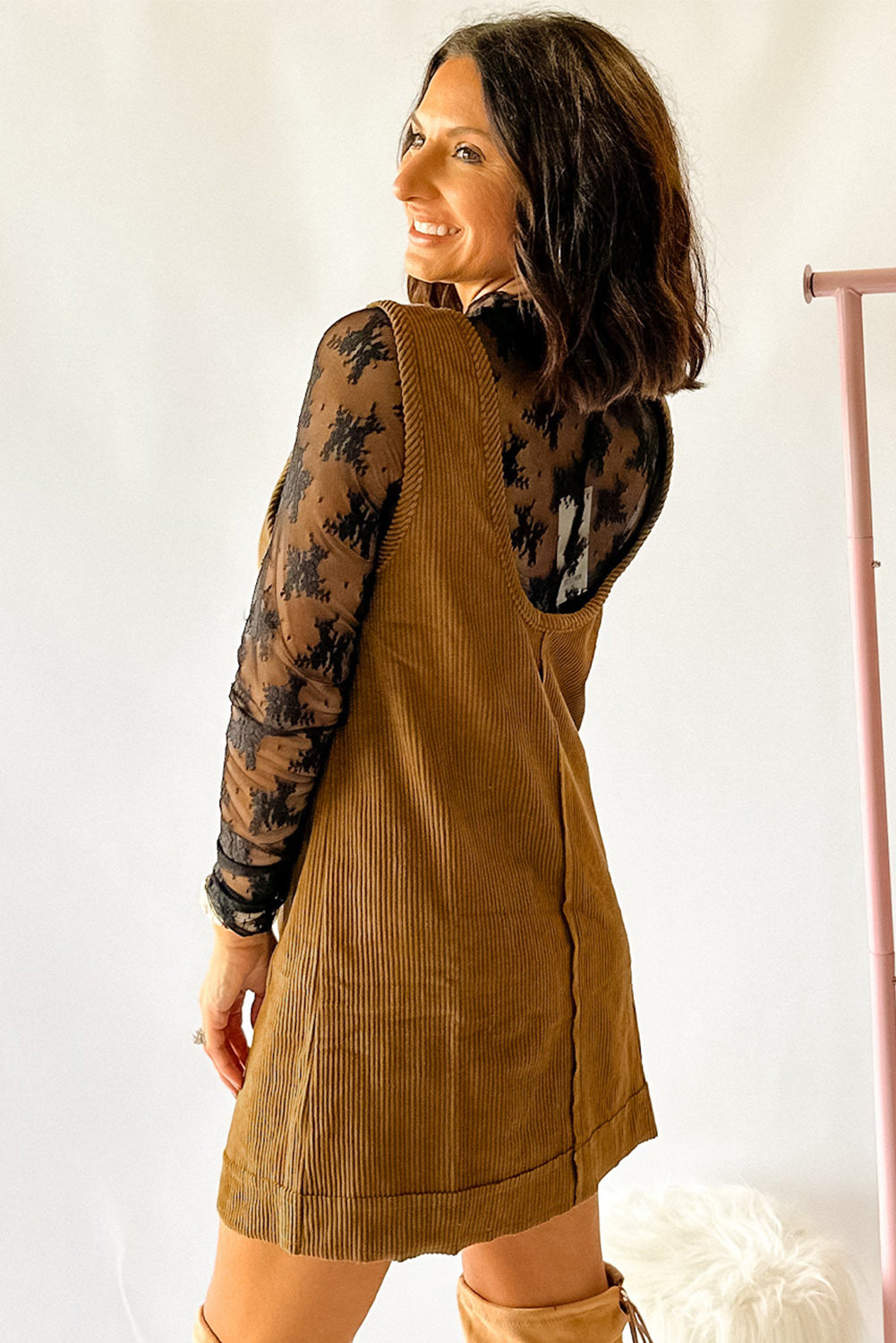 Black Corduroy Sleeveless Mini Dress With Patched Pockets