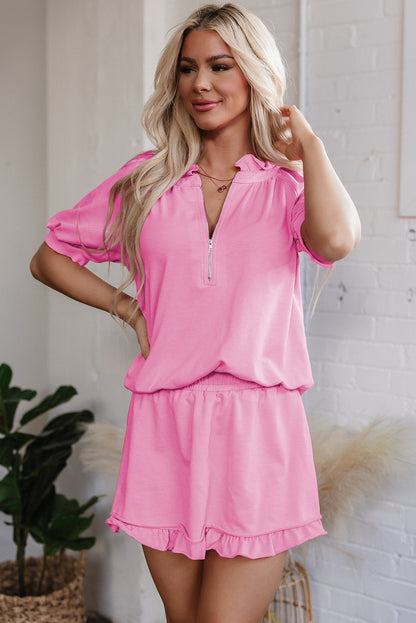 Pink Half Zip Puff Sleeve Top and Ruffled Shorts Set