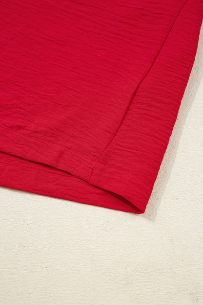 Fiery Red V Neck Collared Shirred 3/4 Sleeve Oversized Tunic Top