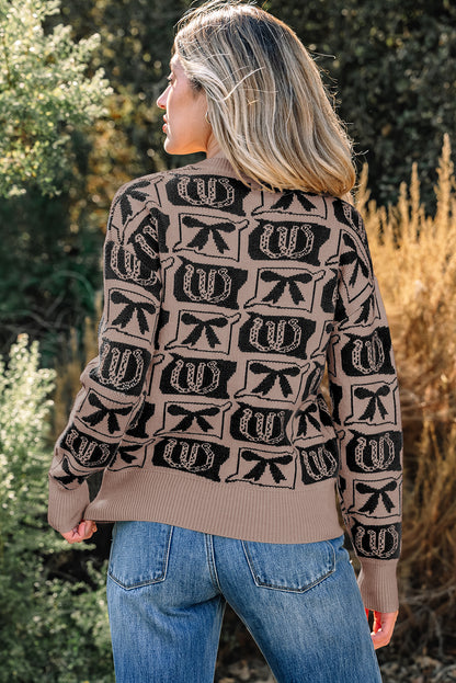 Brown Bows & Horseshoes Pattern Western Fashion Print Sweater