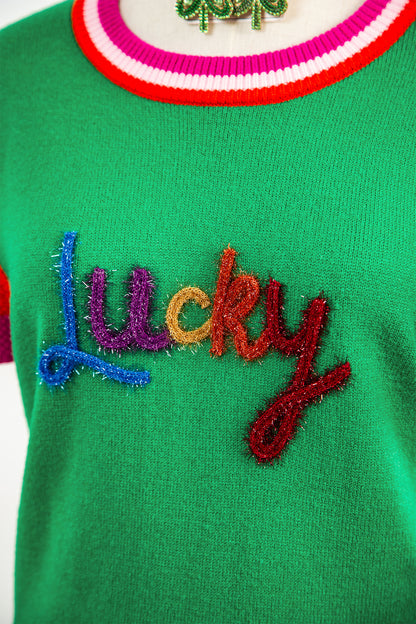 Bright Green Shiny Lucky Striped Flutter Sleeve Round Neck Sweater