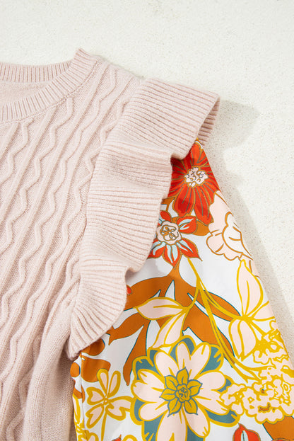 Parchment Cable Knit Ruffle Detail Contrast Floral Sleeve Patchwork Sweater