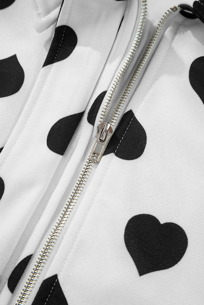 White Double Flap Pocket Heart Print Collar Zip Jacket