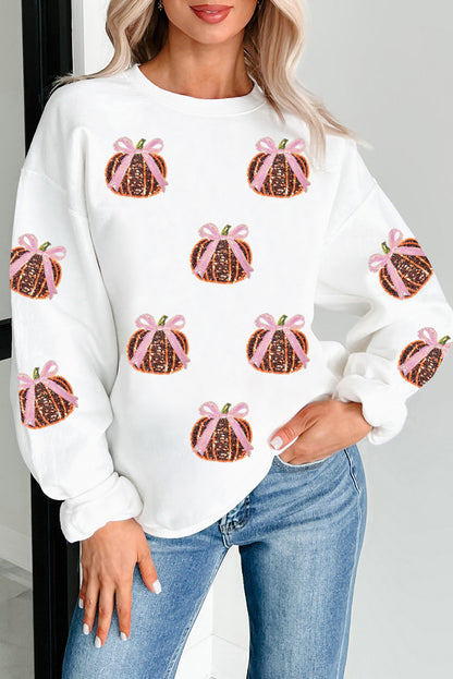 White Sequin Bow Pumpkin Patched Cotton Baggy Sweatshirt