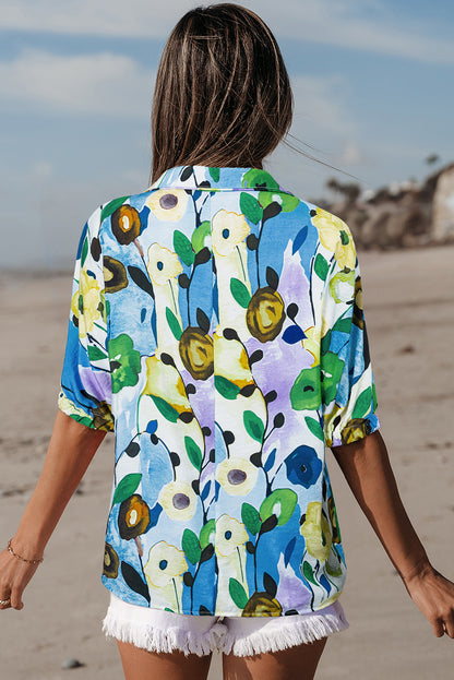Peacock Blue Floral Print Slit V Neck Short Sleeve Blouse