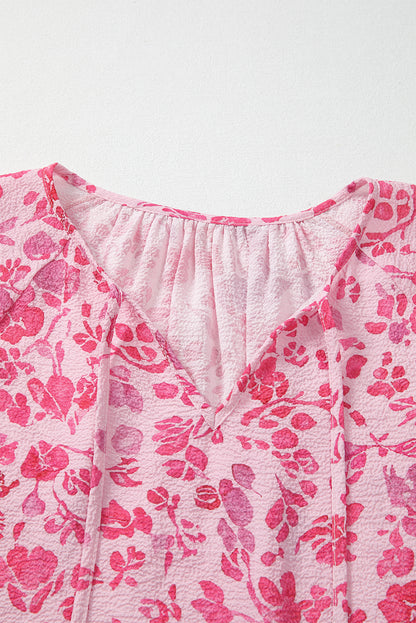 Pink Floral Puff Sleeve Split Neck Lightweight Blouse