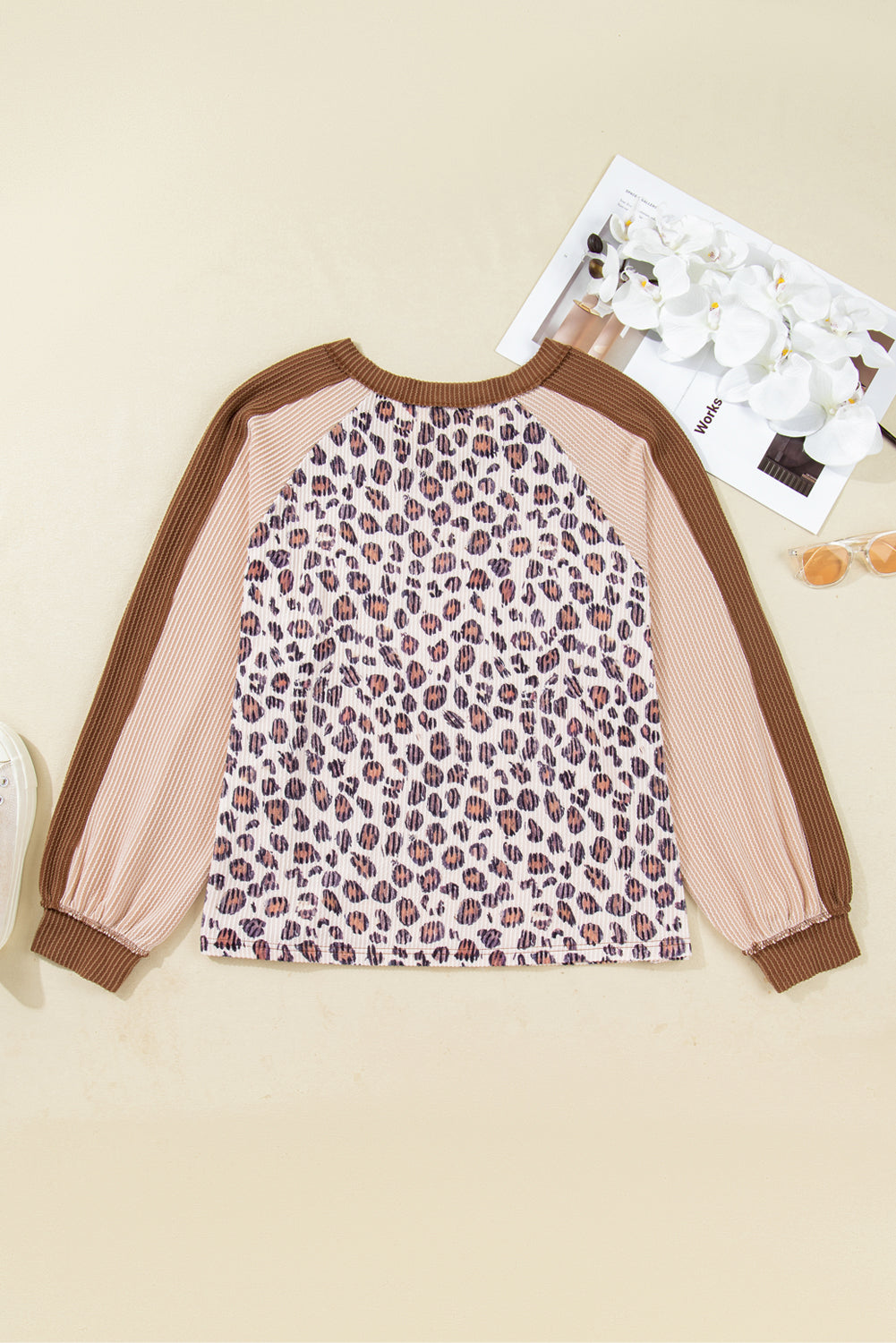 Parchment Leopard Colorblock Patchwork Twist Ribbed Plus Size V Neck Baggy Pullover