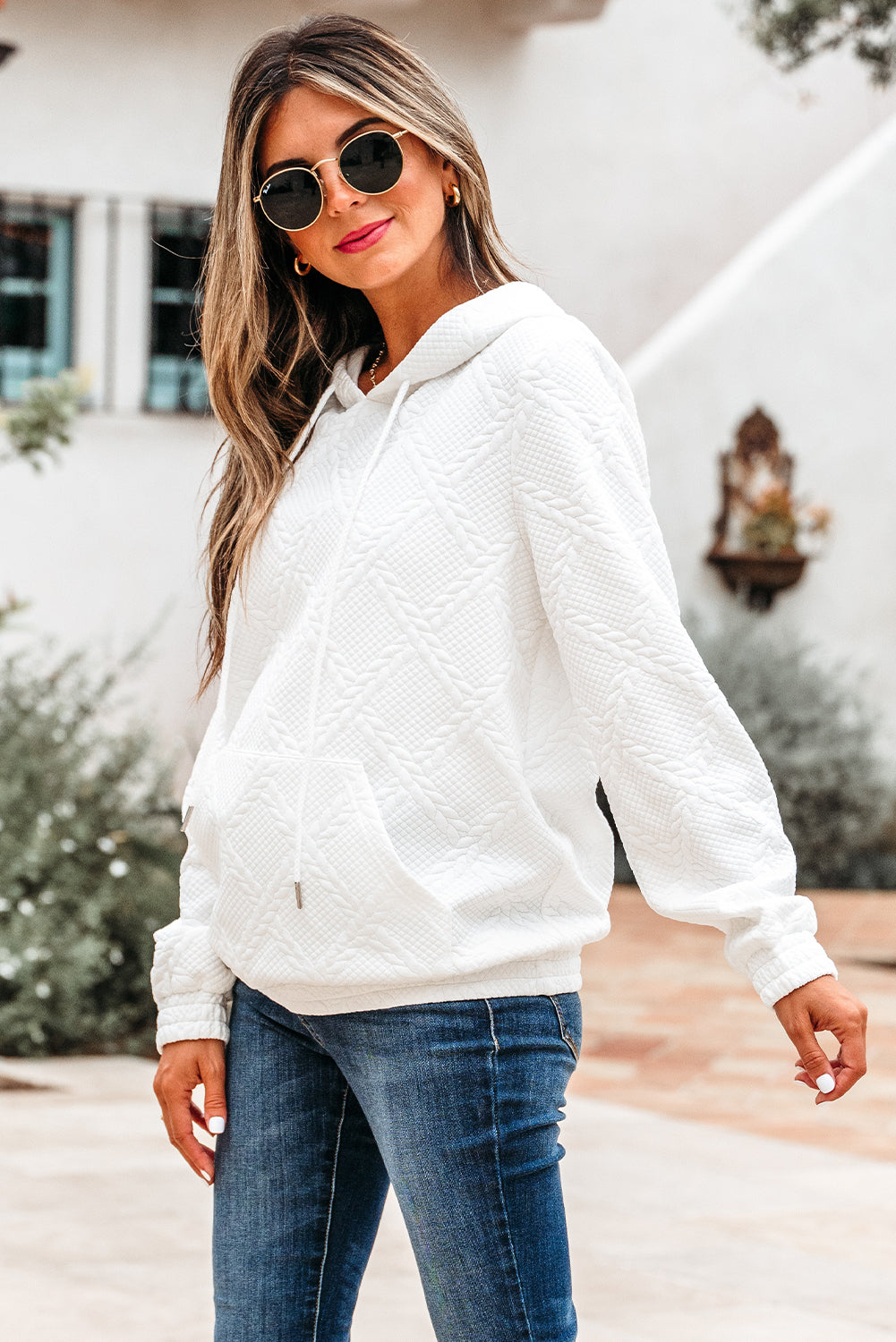 White Cable Lattice Texture Kangaroo Pocket Hoodie